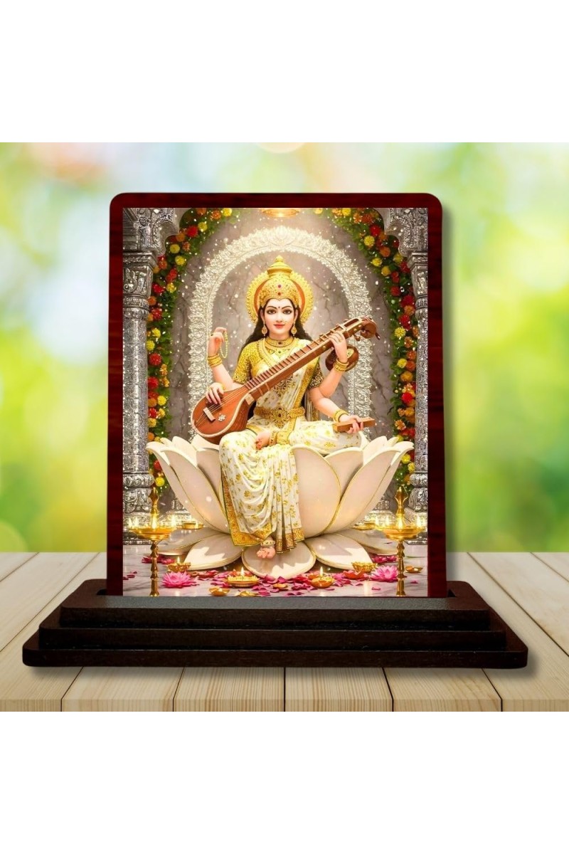 Car Desk/Table Top Goddess Lakshmi Wooden Photo Stand 3x4 Inches, Compact & Stylish Spiritual Display For Car, Home & Office (Pack Of 1) (F14520)