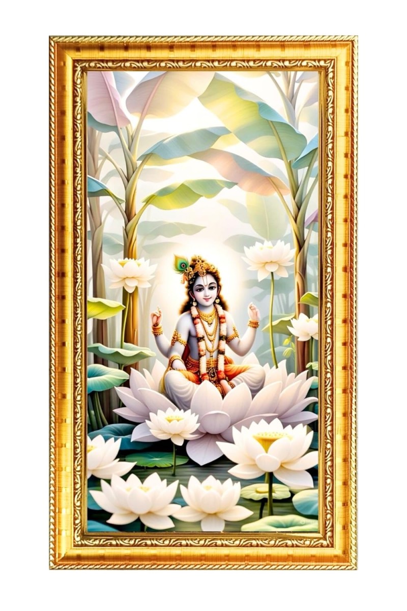 Divine Krishna Digital Golden Color Photo Frame | Hindu Religious Wall Decor | 8x15 Inches - Inspirational Wall Art For Office, Home Decor - Ideal Spiritual Gift (F10310)