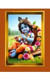 Little Kirishna Golden Photo Frame - 12x16 Inches | Elegant Wooden Frame For Home, Office & Temple Decoration | Spiritual Wall & Table Decor And Gift Item (F9812)