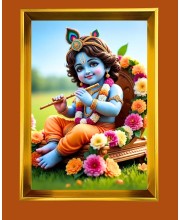 Little Kirishna Golden Photo Frame - 10x14 Inches | Elegant Wooden Frame For Home, Office & Temple Decoration | Spiritual Wall & Table Decor and Gift Item