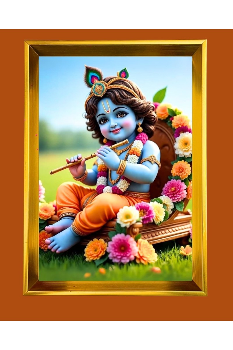 Little Kirishna Golden Photo Frame - 12x16 Inches | Elegant Wooden Frame For Home, Office & Temple Decoration | Spiritual Wall & Table Decor And Gift Item (F9812)