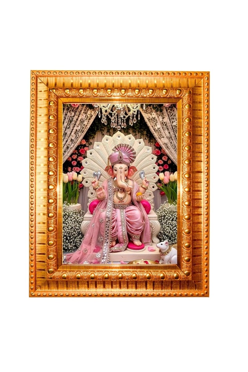 Divine Ganesha Golden Designer Photo Frame | 12x16 Inch Religious Wall Hanging Frame For Home & Office Decoration | Hindu Deity Spiritual Gift Item