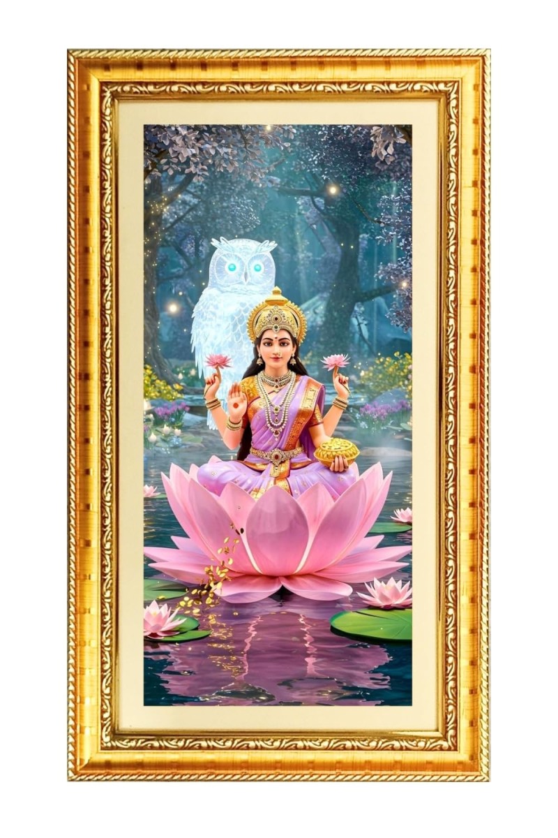 Mata Laxmi Digital Golden Color Photo Frame | Hindu Religious Wall Decor | 12x19 Inches - Inspirational Wall Art For Office, Home Decor - Ideal Spiritual Gift (F10387)