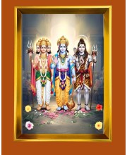 Lord Brahma,Lord Vishnu,Lord Shiva Golden Photo Frame - 10x14 Inches | Elegant Wooden Frame For Home, Office & Temple Decoration | Spiritual Wall & Table Decor and Gift Item
