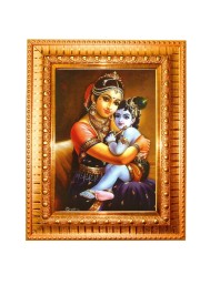Yashoda Lord Krishna Golden Designer Photo Frame | 16x20 Inch Religious Wall Hanging Frame For Home & Office Decoration | Hindu Deity Spiritual Gift Item