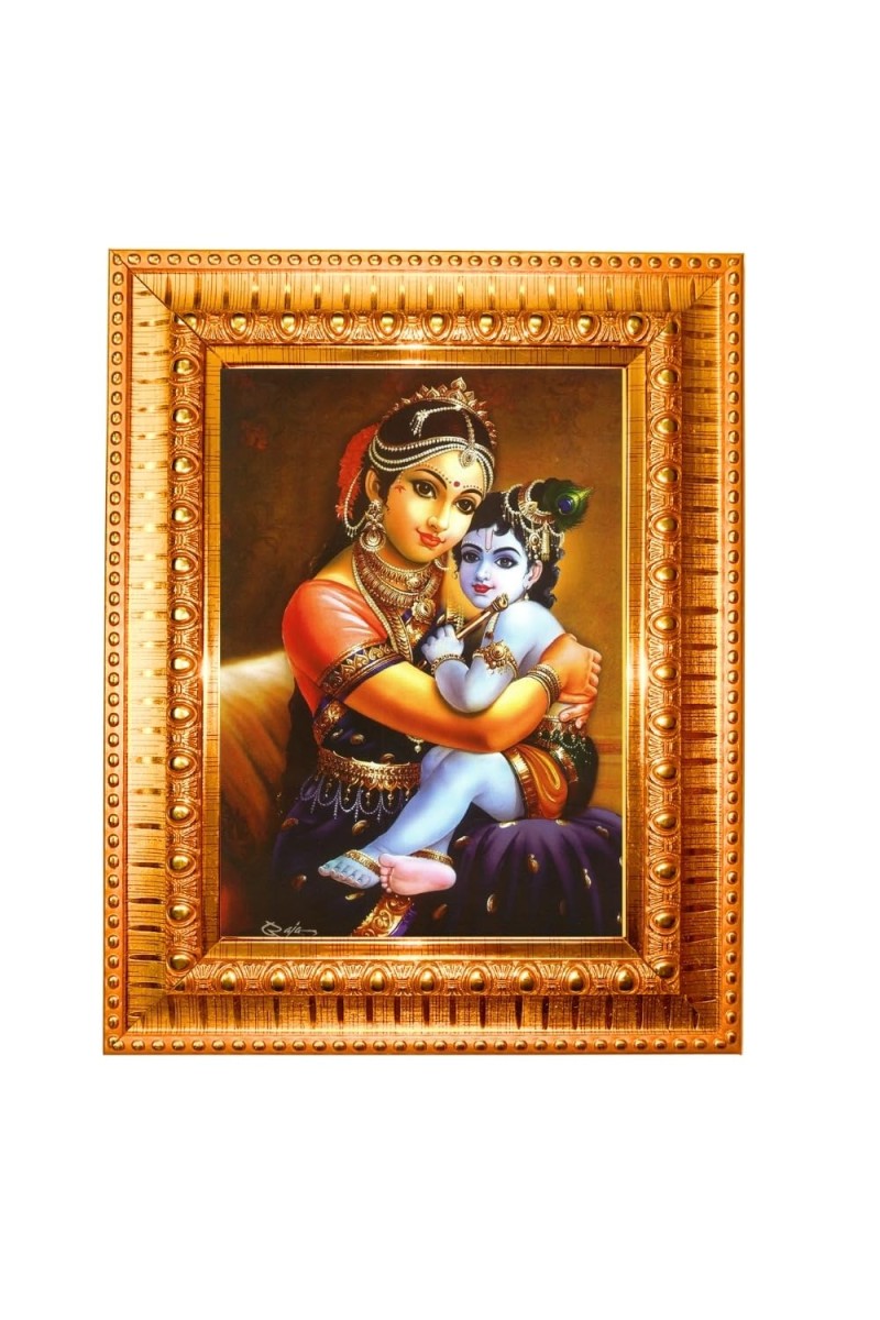 Yashoda Lord Krishna Golden Designer Photo Frame | 18x22 Inch Religious Wall Hanging Frame For Home & Office Decoration | Hindu Deity Spiritual Gift Item
