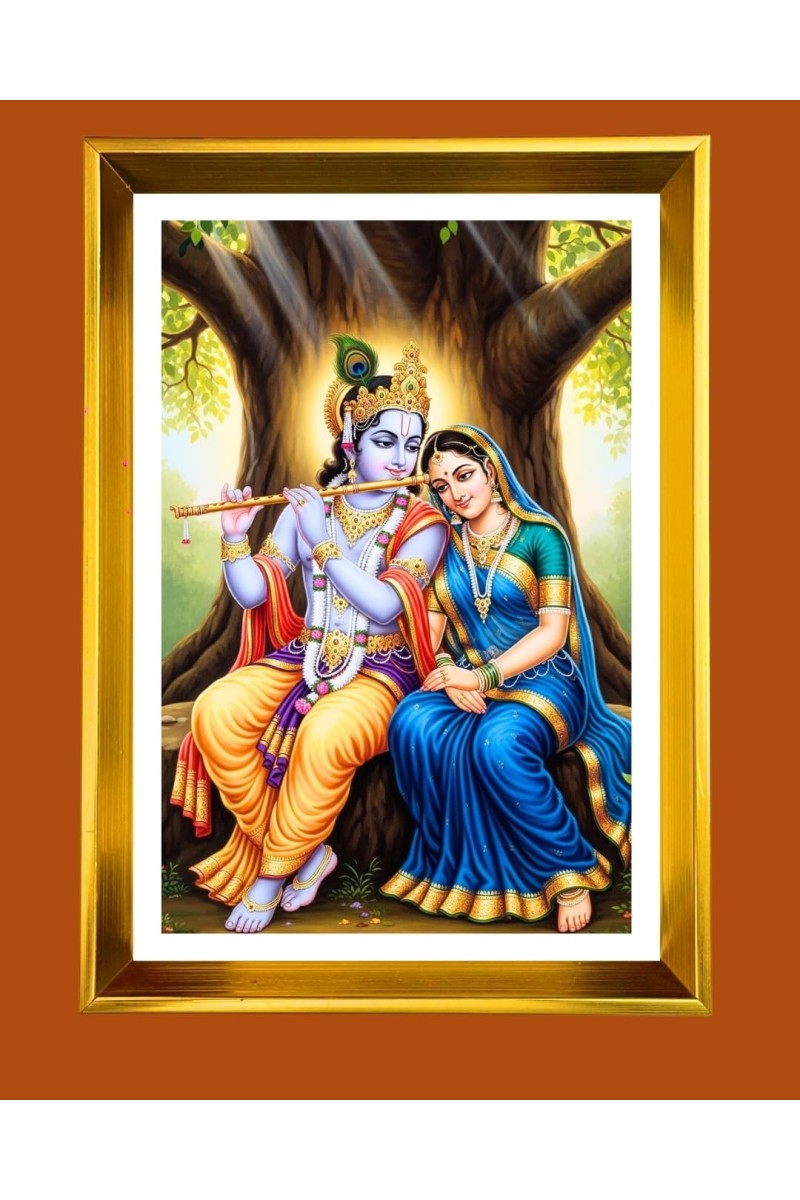 Radha & Krishna Golden Photo Frame - 10x14 Inches | Elegant Wooden Frame For Home, Office & Temple Decoration | Spiritual Wall & Table Decor And Gift Item (F9902)