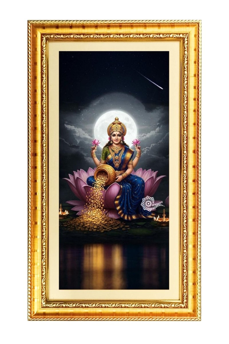 Mata Laxmi Digital Golden Color Photo Frame | Hindu Religious Wall Decor | 12x19 Inches - Inspirational Wall Art For Office, Home Decor - Ideal Spiritual Gift (F10388)