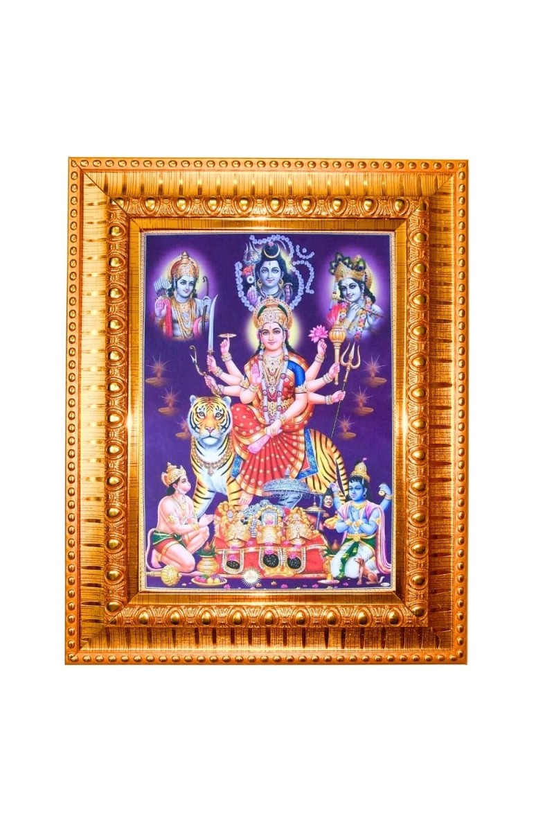 Goddess Durga Golden Designer Photo Frame | 12x16 Inch Religious Wall Hanging Frame For Home & Office Decoration | Hindu Deity Spiritual Gift Item