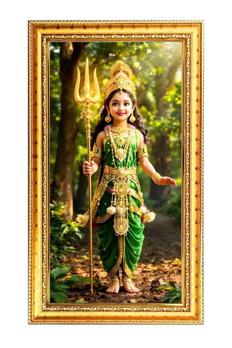 Little Durga Digital Golden Color Photo Frame | Hindu Religious Wall Decor | 8x15 Inches - Inspirational Wall Art For Office, Home Decor - Ideal Spiritual Gift (F10361)