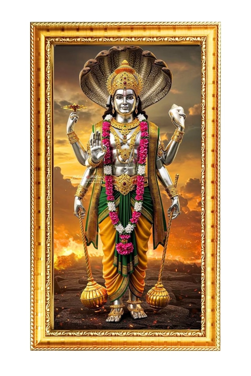 Lord Vishnu Digital Golden Color Photo Frame | Hindu Religious Wall Decor | 10x17 Inches - Inspirational Wall Art For Office, Home Decor - Ideal Spiritual Gift (F10230)