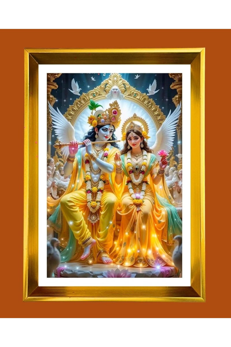 Divine Radha Krishna Golden Photo Frame - 10x14 Inches | Elegant Wooden Frame For Home, Office & Temple Decoration | Spiritual Wall & Table Decor and Gift Item