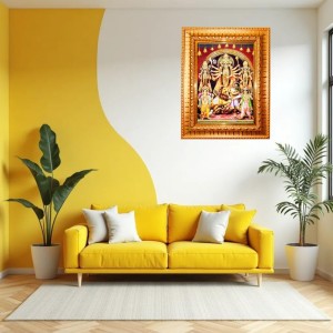 Goddess Maa Durga Golden Designer Photo Frame | 10x14 Inch Religious Wall Hanging Frame For Home & Office Decoration | Hindu Deity Goddess Maa Durga Spiritual Gift Item