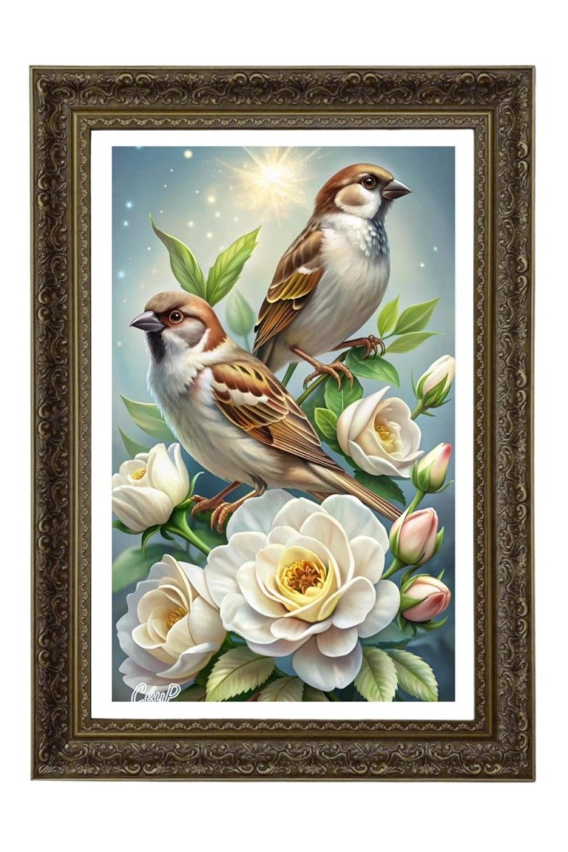 Eurasian Tree Sparrows Big Photo Frame - 20x28 Inches For Home,Temple & Office Decoration (F11029)