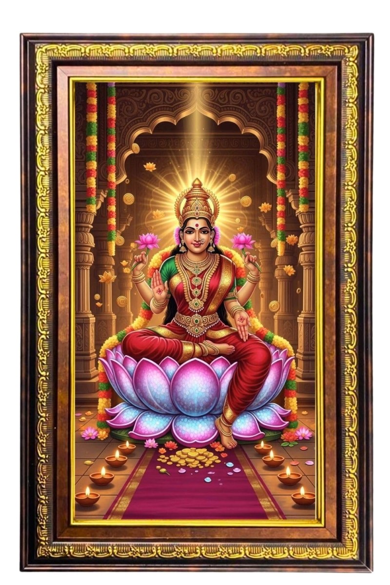 Goddess Lakshmi Digital Golden Balck Color Photo Frame | Hindu Religious Wall Decor | 10x16 Inches - Inspirational Wall Art For Office, Home Decor - Ideal Spiritual Gift (F16498)