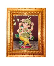 Nritya Ganapati. Golden Designer Photo Frame | 10x14 Inch Religious Wall Hanging Frame For Home & Office Decoration | Hindu Deity Nritya Ganapati. Spiritual Gift Item