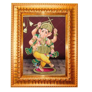 Nritya Ganapati. Golden Designer Photo Frame | 12x16 Inch Religious Wall Hanging Frame For Home & Office Decoration | Hindu Deity Spiritual Gift Item