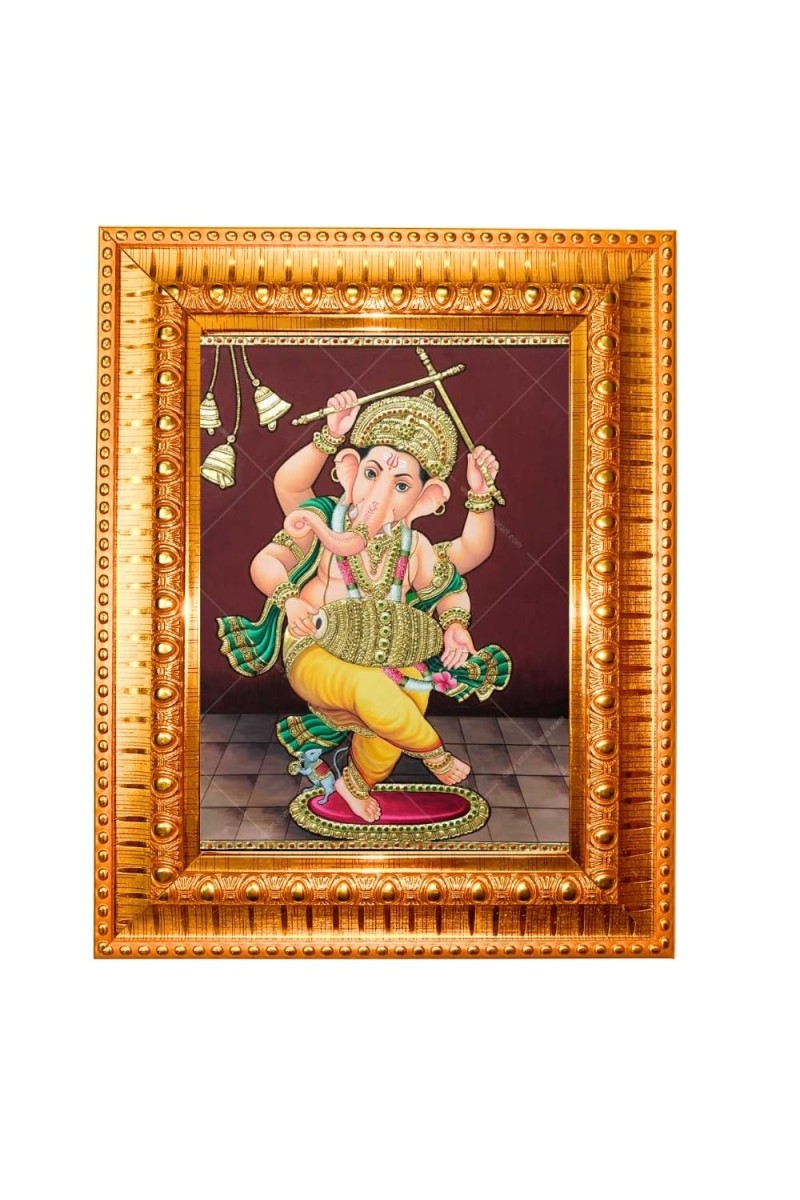 Nritya Ganapati. Golden Designer Photo Frame | 18x22 Inch Religious Wall Hanging Frame For Home & Office Decoration | Hindu Deity Spiritual Gift Item