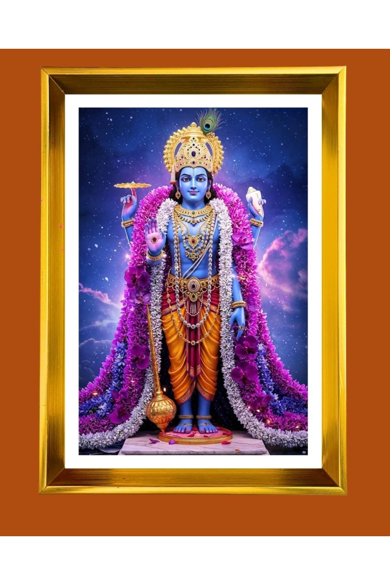Lord Vishnu Golden Photo Frame - 16x20 Inches | Elegant Wooden Frame For Home, Office & Temple Decoration | Spiritual Wall & Table Decor And Gift Item (F9782)
