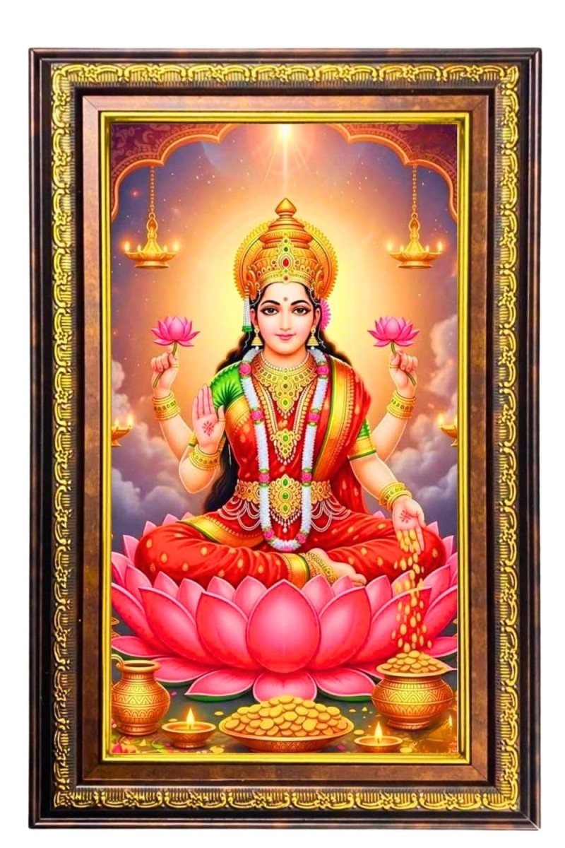 Goddess Lakshmi Digital Golden Balck Color Photo Frame | Hindu Religious Wall Decor | 10x16 Inches - Inspirational Wall Art For Office, Home Decor - Ideal Spiritual Gift (F16832)