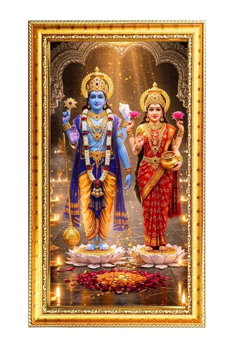 Lakhsmi & Narayan Digital Golden Color Photo Frame | Hindu Religious Wall Decor | 12x19 Inches - Inspirational Wall Art For Office, Home Decor - Ideal Spiritual Gift (F10217)