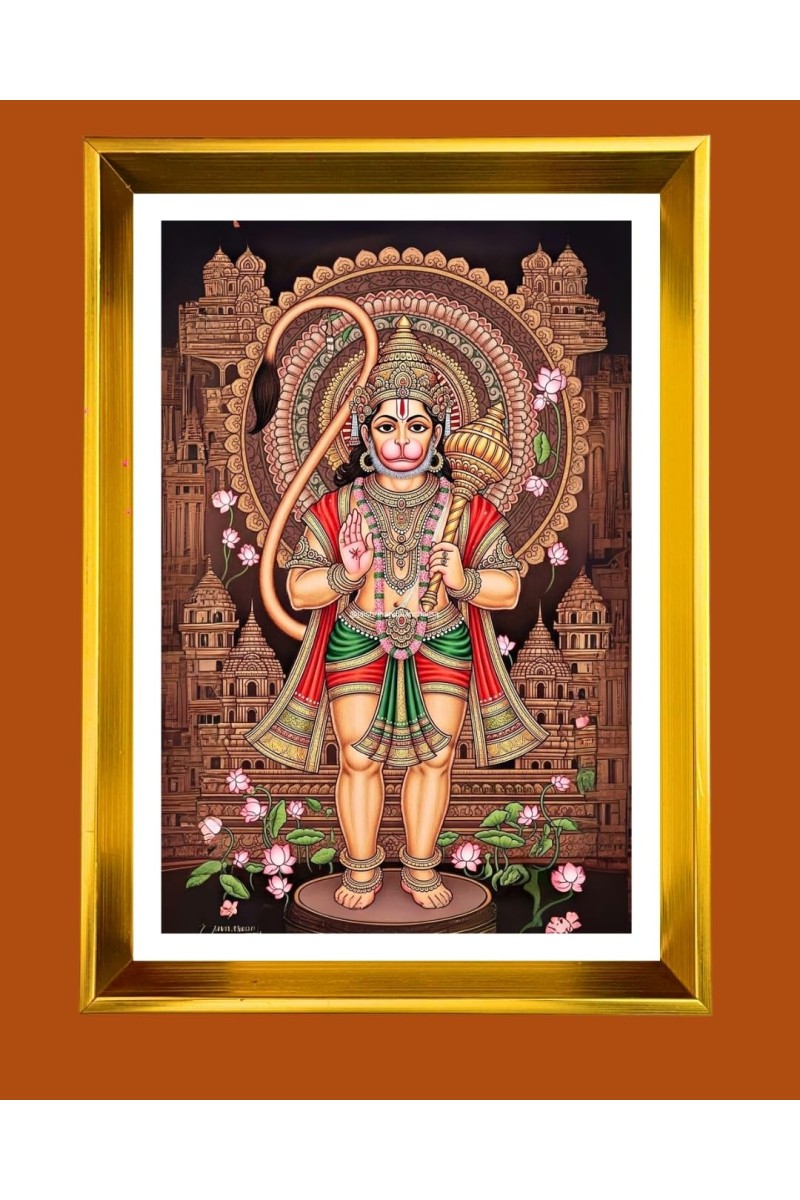 Lord Hanuman Golden Photo Frame - 10x14 Inches | Elegant Wooden Frame For Home, Office & Temple Decoration | Spiritual Wall & Table Decor And Gift Item (F9827)