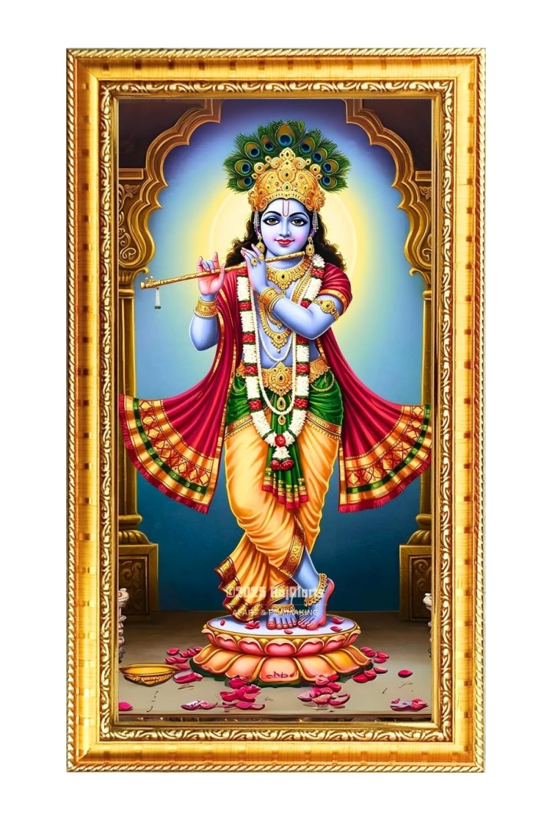 Divine Krishna Digital Golden Color Photo Frame | Hindu Religious Wall Decor | 8x15 Inches - Inspirational Wall Art For Office, Home Decor - Ideal Spiritual Gift (F10327)