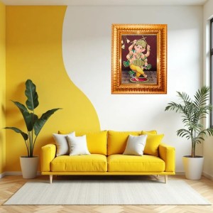 Nritya Ganapati. Golden Designer Photo Frame | 12x16 Inch Religious Wall Hanging Frame For Home & Office Decoration | Hindu Deity Spiritual Gift Item