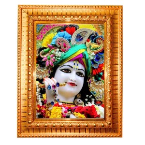 Flute Sri Krishna Golden Designer Photo Frame | 16x20 Inch Religious Wall Hanging Frame For Home & Office Decoration | Hindu Deity Spiritual Gift Item