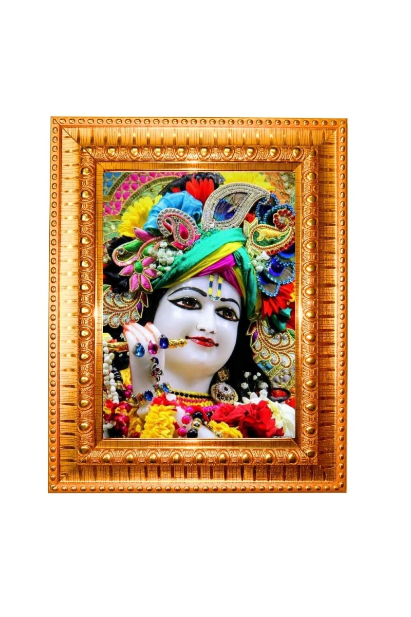 Flute Sri Krishna Golden Designer Photo Frame | 10x14 Inch Religious Wall Hanging Frame For Home & Office Decoration | Hindu Deity Spiritual Gift Item