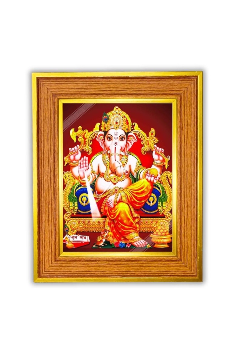 Lord Ganesha Photo Frame 10x14 Inches-Brown Wooden Frame For Home, Office & Temple Decoration And Gifting (F6493)
