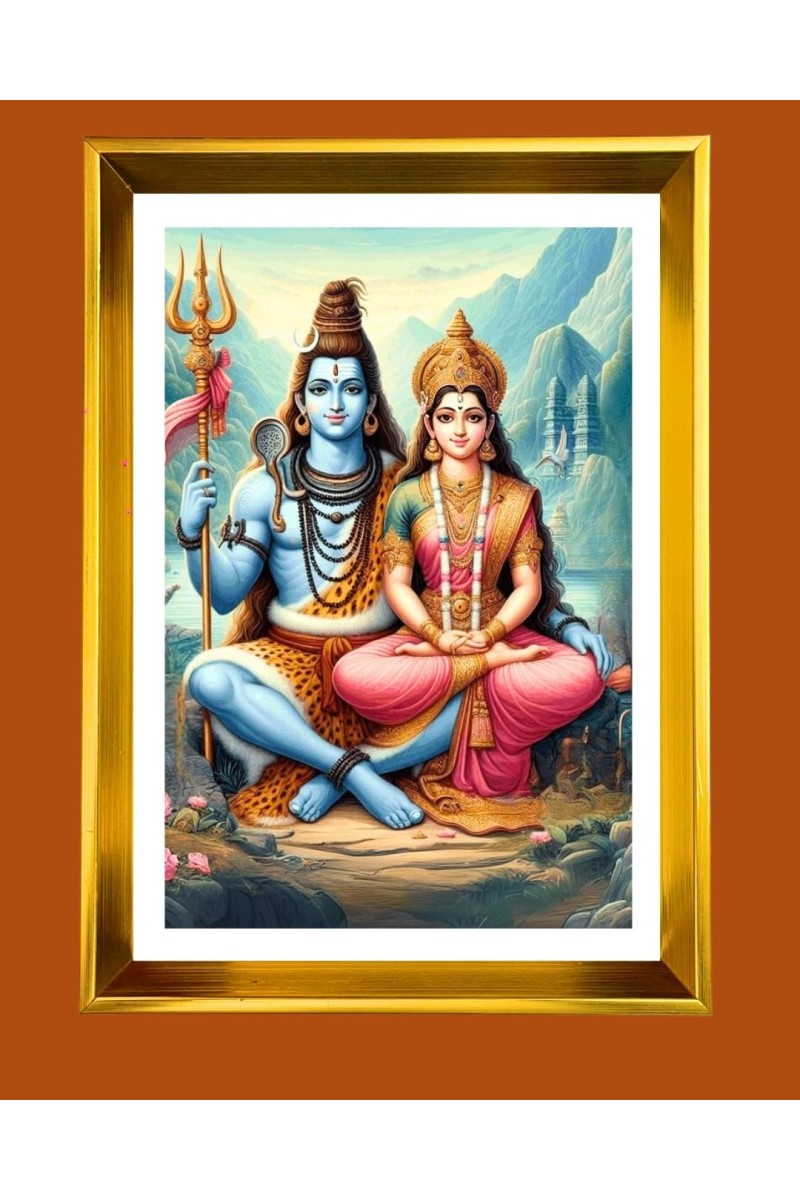 Lord Shiv & Parvati Golden Photo Frame - 10x14 Inches | Elegant Wooden Frame For Home, Office & Temple Decoration | Spiritual Wall & Table Decor and Gift Item