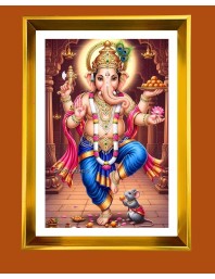 Lord Ganesha Golden Photo Frame - 10x14 Inches | Elegant Wooden Frame For Home, Office & Temple Decoration | Spiritual Wall & Table Decor and Gift Item