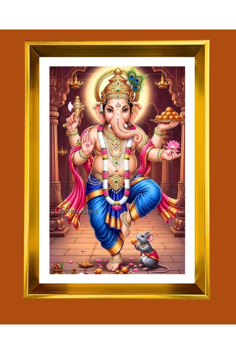Lord Ganesha Golden Photo Frame - 10x14 Inches | Elegant Wooden Frame For Home, Office & Temple Decoration | Spiritual Wall & Table Decor and Gift Item