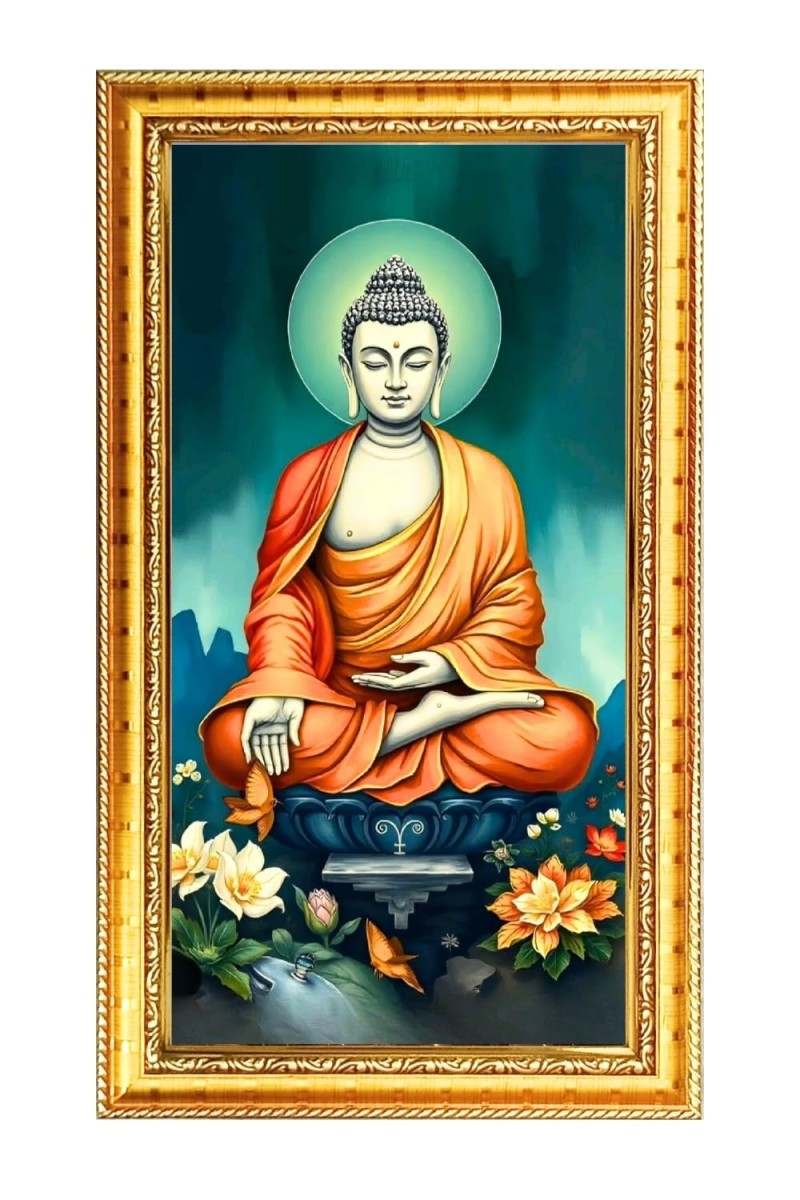 Lord Buddha Digital Golden Color Photo Frame | Hindu Religious Wall Decor | 10x17 Inches - Inspirational Wall Art For Office, Home Decor - Ideal Spiritual Gift (F10342)