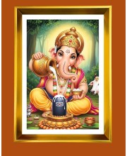 Lord Ganesha Golden Photo Frame - 10x14 Inches | Elegant Wooden Frame For Home, Office & Temple Decoration | Spiritual Wall & Table Decor and Gift Item