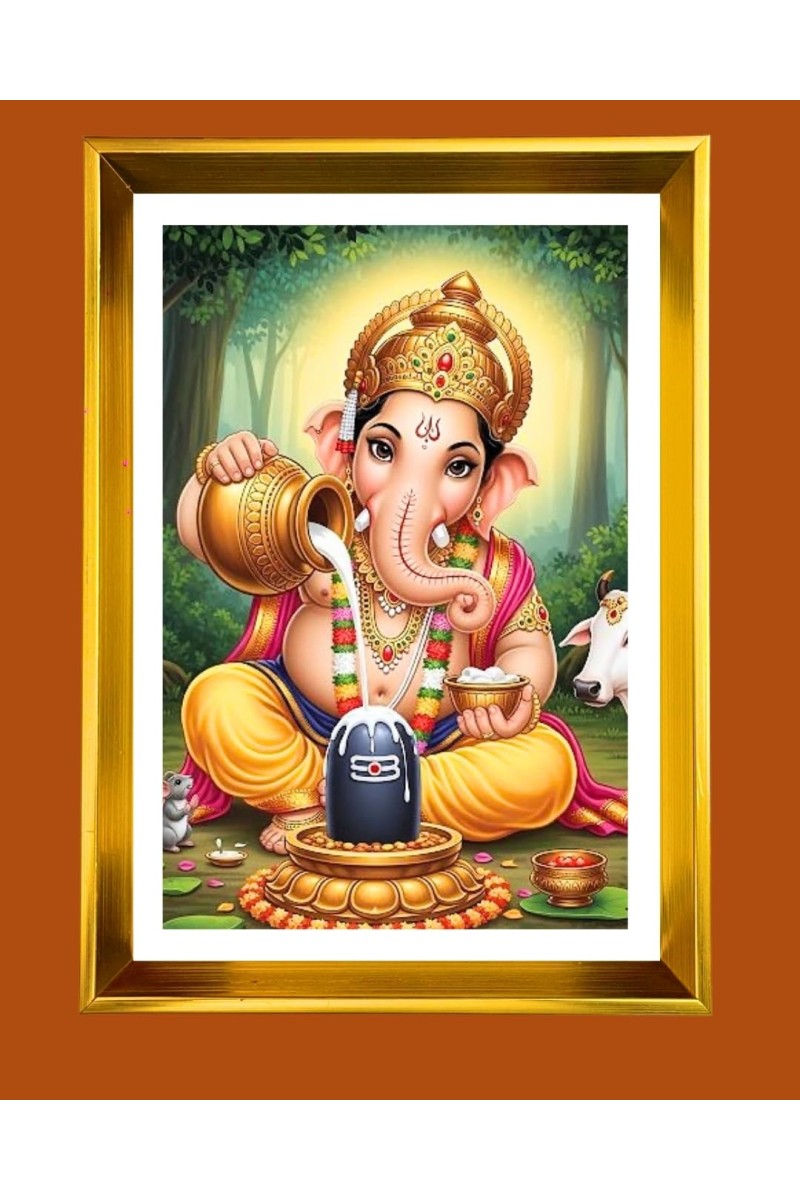 Lord Ganesha Golden Photo Frame - 10x14 Inches | Elegant Wooden Frame For Home, Office & Temple Decoration | Spiritual Wall & Table Decor and Gift Item