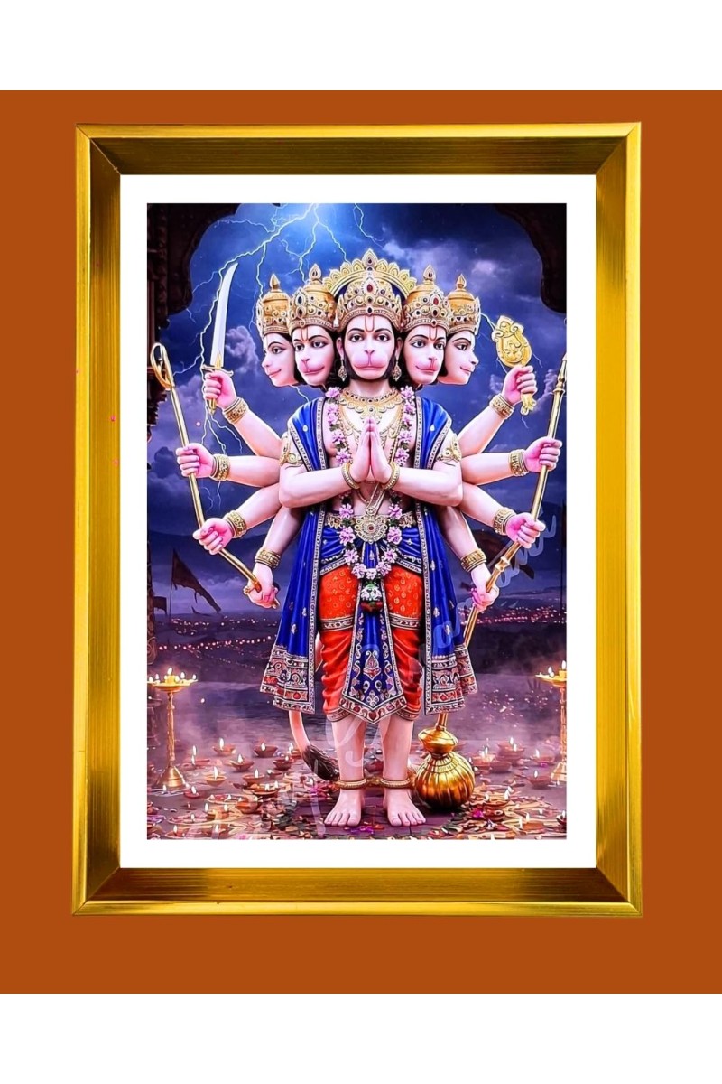 Lord Hanuman Golden Photo Frame - 10x14 Inches | Elegant Wooden Frame For Home, Office & Temple Decoration | Spiritual Wall & Table Decor And Gift Item (F9474)