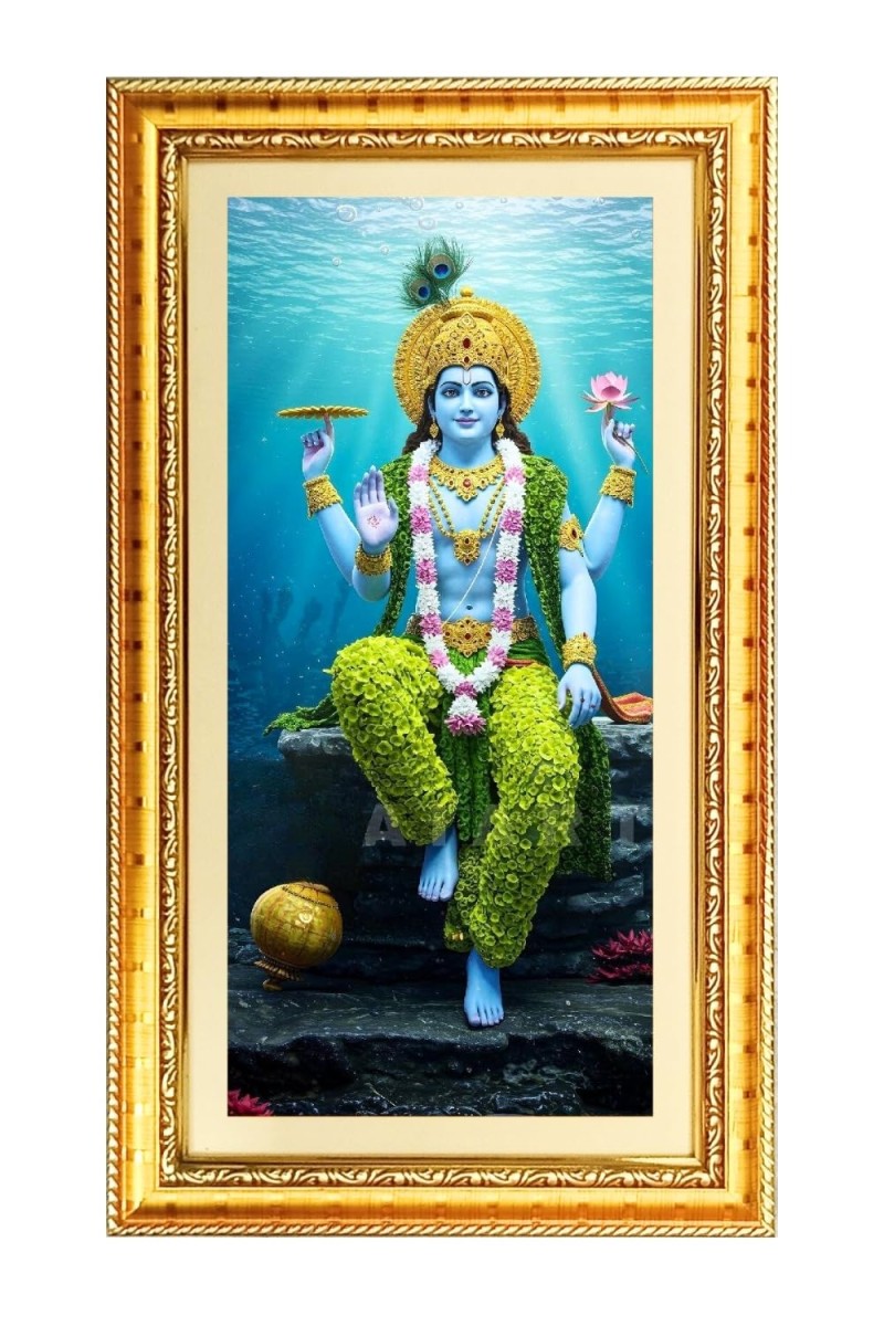 Lord Vishnu Digital Golden Color Photo Frame | Hindu Religious Wall Decor | 8x15 Inches - Inspirational Wall Art For Office, Home Decor - Ideal Spiritual Gift (F10397)