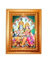 Lord Vishnu Goddess Lakshmi Golden Designer Photo Frame | 10x14 Inch Religious Wall Hanging Frame For Home & Office Decoration | Hindu Deity Spiritual Gift Item