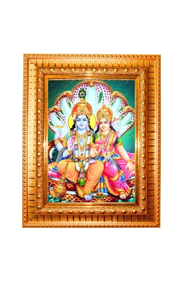 Lord Vishnu Goddess Lakshmi Golden Designer Photo Frame | 10x14 Inch Religious Wall Hanging Frame For Home & Office Decoration | Hindu Deity Spiritual Gift Item