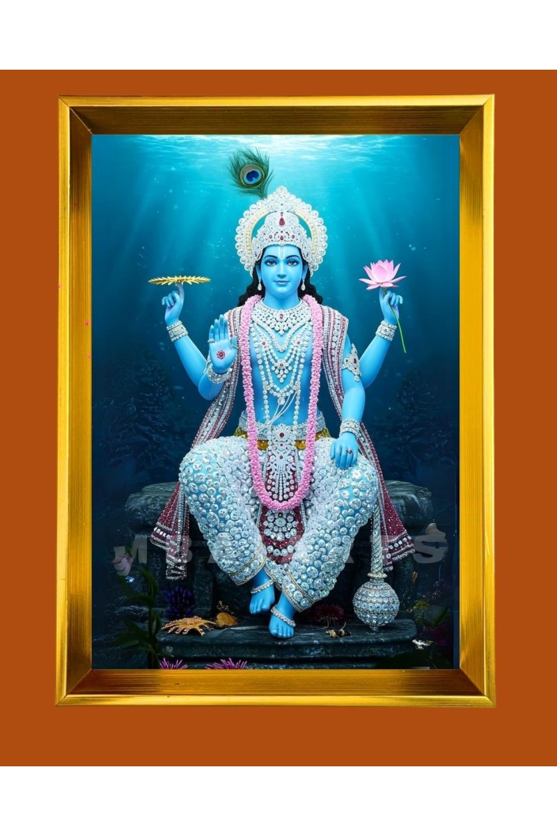 Lord Vishnu Golden Photo Frame - 16x20 Inches | Elegant Wooden Frame For Home, Office & Temple Decoration | Spiritual Wall & Table Decor And Gift Item (F9794)