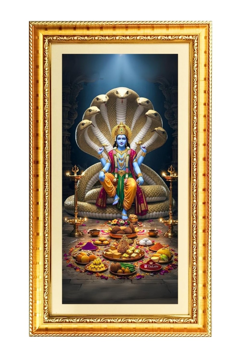 Lord Vishnu Digital Golden Color Photo Frame | Hindu Religious Wall Decor | 12x19 Inches - Inspirational Wall Art For Office, Home Decor - Ideal Spiritual Gift (F10395)