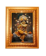 Divine Krishna Golden Designer Photo Frame | 10x14 Inch Religious Wall Hanging Frame For Home & Office Decoration | Hindu Deity Divine Krishna Spiritual Gift Item