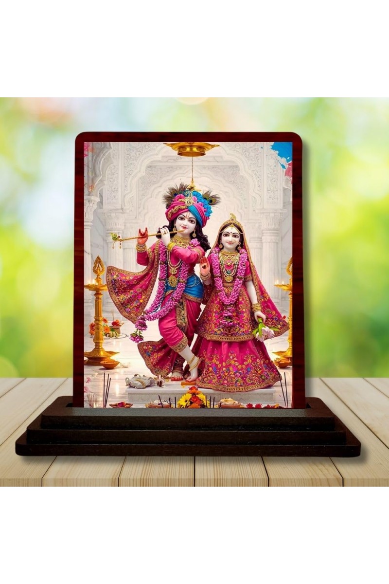 Car Desk/Table Top Radha Krishna Wooden Photo Stand 3x4 Inches, Compact & Stylish Spiritual Display For Car, Home & Office (Pack Of 1) (F14222)