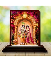 Car Desk/Table Top Radha Krishna Wooden Photo Stand 3x4 Inches, Compact & Stylish Spiritual Display For Car, Home & Office (Pack Of 1) (F14365)