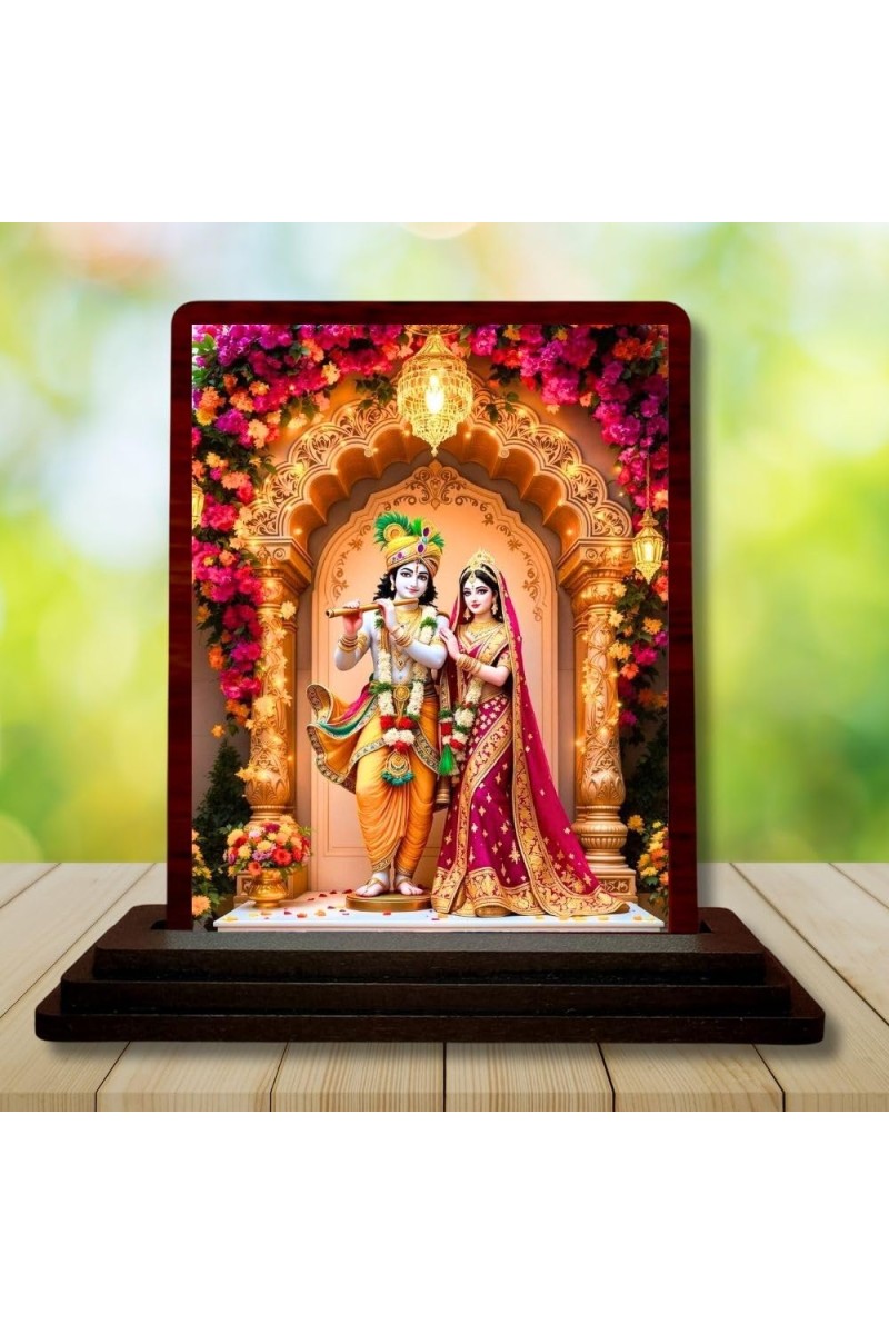 Car Desk/Table Top Radha Krishna Wooden Photo Stand 3x4 Inches, Compact & Stylish Spiritual Display For Car, Home & Office (Pack Of 1) (F14365)