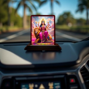 Car Desk/Table Top Goddess Durga Wooden Photo Stand 3x4 Inches, Compact & Stylish Spiritual Display For Car, Home & Office (Pack Of 1) (F14346)