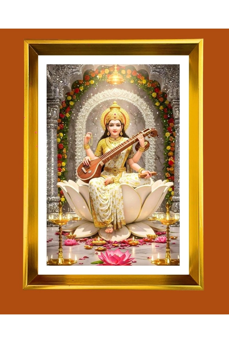 Mata Sraswati Golden Photo Frame - 10x14 Inches | Elegant Wooden Frame For Home, Office & Temple Decoration | Spiritual Wall & Table Decor And Gift Item (F9514)