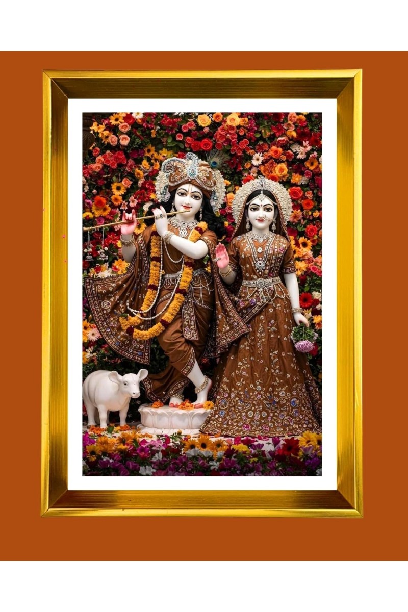 Divine Radha Krishna Golden Photo Frame - 10x14 Inches | Elegant Wooden Frame For Home, Office & Temple Decoration | Spiritual Wall & Table Decor and Gift Item